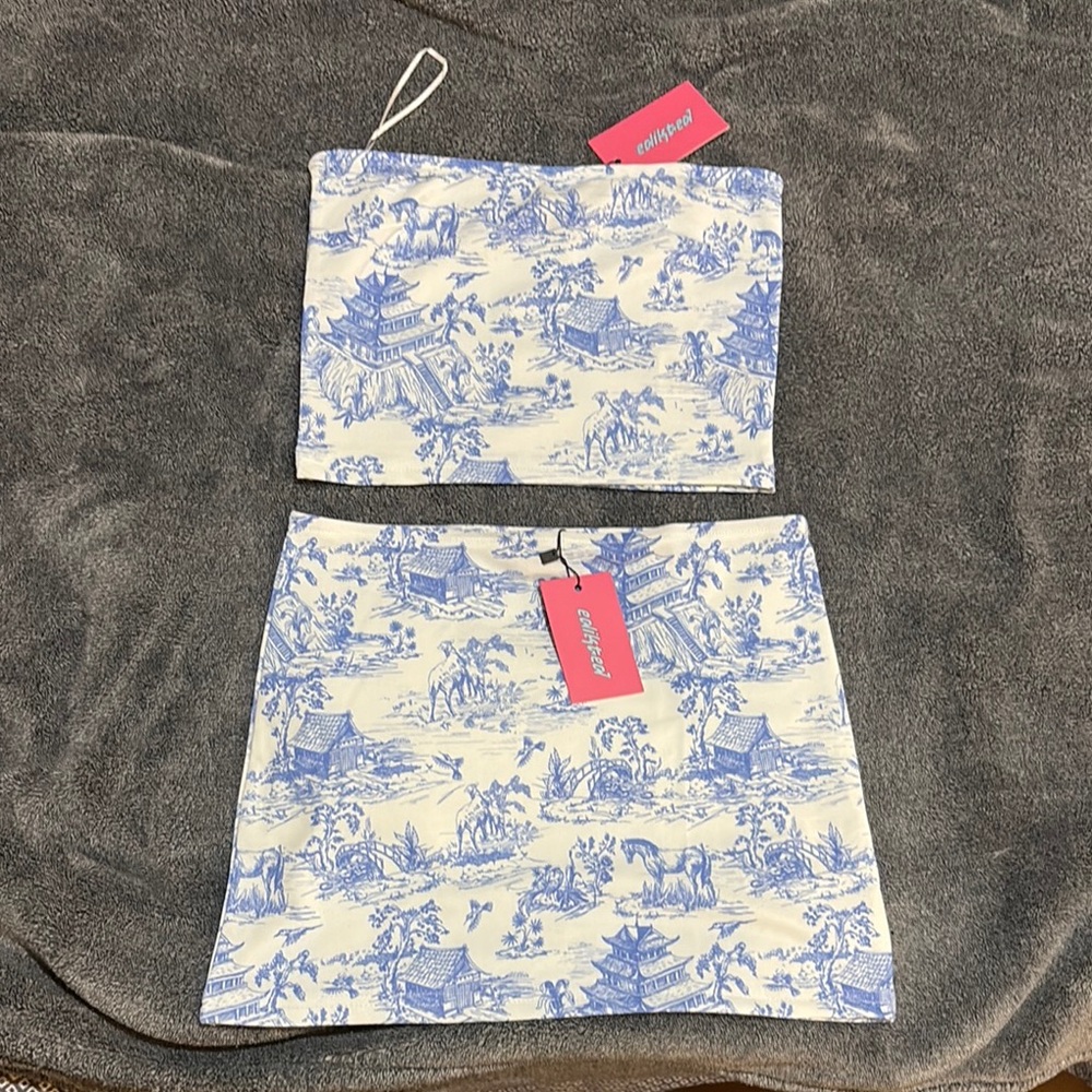 Edikted Delft Print Strapless Top and low rise skirt
